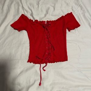 off the shoulder, red top